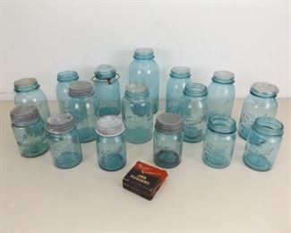 16 Antique and Vintage Blue Mason Jars With Zinc and Glass Tops
