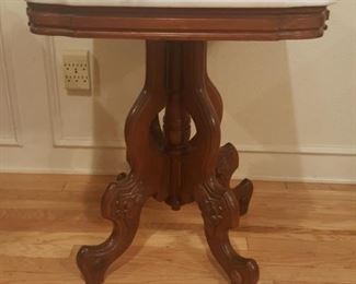Antique side table carved wood with marble top
