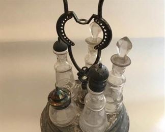 French Antique Oil and Vinegar Set with Silver Plate Detailing