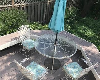 Metal patio set 3 chairs, table, umbrella & holder