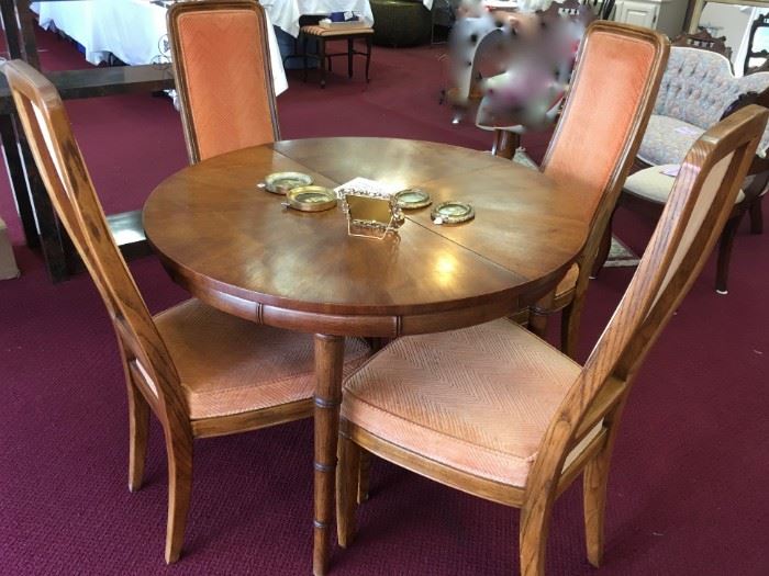 Henredon mid-century table (40" round; add two 20" leaves = 80" long).  6 chairs as is.