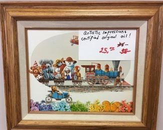Teddy bears on a train! Perfect oil painting for a child’s room, very colorful