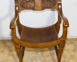 The Stomps Burkhardt Furniture Co. Lion Chair.  Antique Chair, Oak Carved Wood Detail, Lions Carved On The Top Of ea. Side (34"h x 23.5w x 21"d):  $480.00