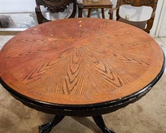 1950's Clawfoot Oak Pedestal Table w/Asian Hardware (30"h x 38"dia.):  $800.00