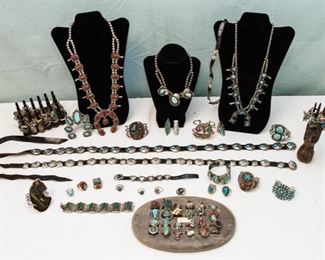 .925 Squash Blossoms, Necklaces, Rings, Belts, Belt Buckles and Cuffs.  Priced From $6.00 - $1,000.00.