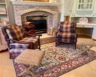 Pair of Tartan plaid Easy Chairs, Rectangular area rug and matching cane rush stools