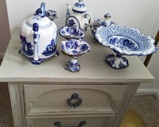 Blue White Decorative items and two drawer chest