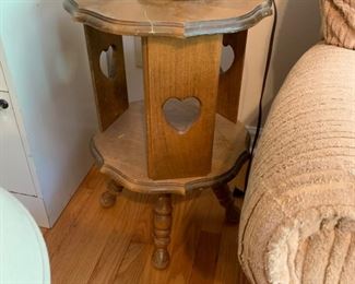 #23		end table with heart cut out on round cabinet with shelf 16x24	 $30.00 
