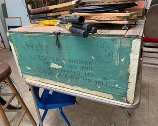 #34		old wood box painted green w handles on side and wood top 	 $30.00 
