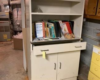 #47		vintage metal cabinet w 2 doors 1 drawer and 2 shelves painted white 36x20x72	 $100.00 
