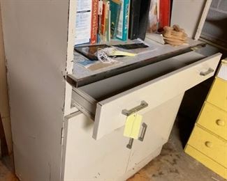 #47		vintage metal cabinet w 2 doors 1 drawer and 2 shelves painted white 36x20x72	 $100.00 

