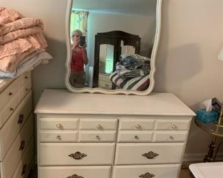 #54		white 6  wood drawers chest w plastic mirror 48x17x31	 $65.00 
