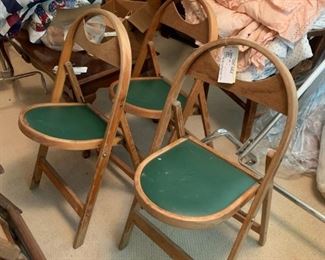 #59		3 wood folding chairs with green seats 	 $100.00 
