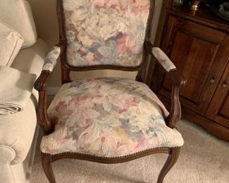 #7 side chair w wood arms and legs cream flower patern back and seat $65.00