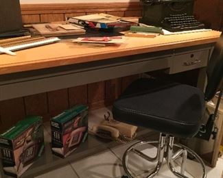Industrial drafting table,  chair and supplies 