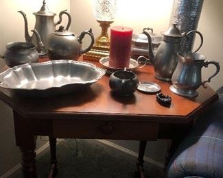Pewter bowls, tea sets and candle holders