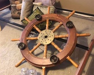 Wood and brass ships wheel light