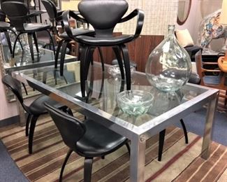 Mid Century Glass Chrome Table, Set 6 Plycraft Chairs