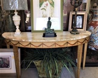 Hand painted Marble Top Demi Lune entry table