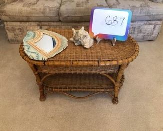 Wicker Coffee Table, Ceramic Mirror, and Conch