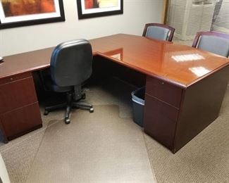 L Shaped Wood Desk, Computer Chair, Mat, 2 Office Chairs, and File Cabinet