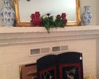 Large mirror, blue & white vases, and two panel Asian screen