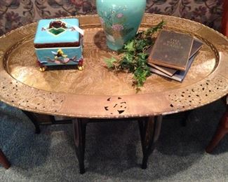 Large oval brass tray coffee table