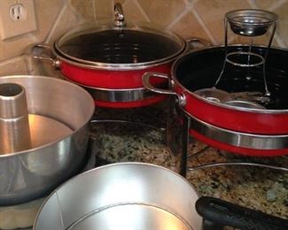 Covered serving dishes in red