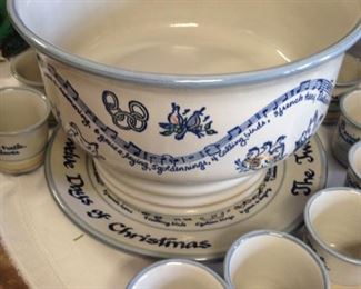 Louisville Stoneware: "Twelve Days of Christmas" punch bowl and 12 cups 