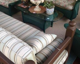 Sleeper sofa; Lloyd Flanders wicker settee and coffee table