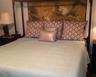 The Asian style bed (made by White Furniture Company of Mebane, North Carolina), pillows, and blanket are for sale. (The Asian screen and mattress/box springs are NOT for sale.)