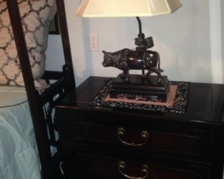 One of two  night stands from the White Furniture Company; one of two Frederick Cooper lamps 