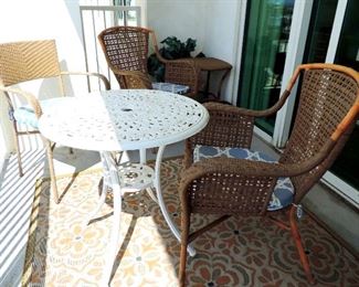 WICKER CHAIRS AND WHITE METAL PATIO TABLE