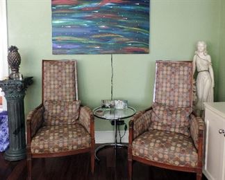 PAIR OF MID CENTURY UPHOLSTERED ARMCHAIRS, METAL AND GLASS SIDE TABLE, COLUMN, STATUE AND ABSTRACT ART