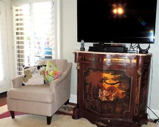 ASIAN STYLE CABINET, FLAT SCREEN TV, CREAM ARM CHAIR