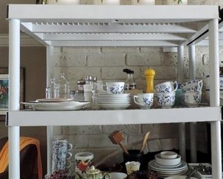KITCHEN ITEMS: CANNISTERS, BLUE & WHITE CHINA CUPS, TEAPOTS & SERVING ITEMS