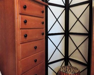 WOODEN CHEST, FOLDING SCREEN AND DECOR