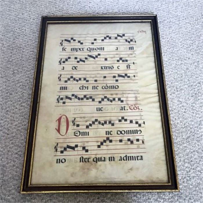 This is 14th Century Italian Sheet Music made out of painted vellum that has been framed. There is slight yellowing of the paper and shows age well as can be see in photographs.  This has been reviewed by the Cleveland Museum of Art by the previous owner at one time however there is no documentation.  