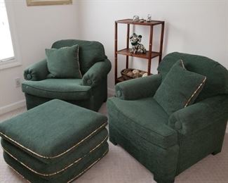 Pair of upholstered armchairs and ottoman