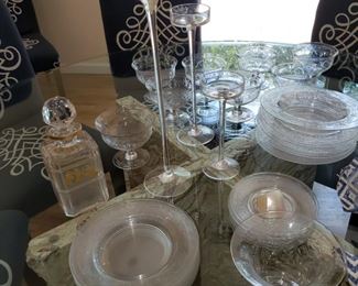 Vintage glass ware including Val St. Lambert decanter
