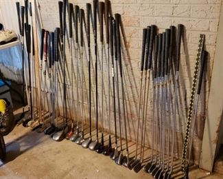 Golf clubs, Cleveland, Callaway, assorted putters and irons, assorted woods