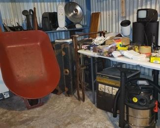 Yard tools and hand tools, old trunks