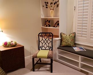 Two upholstered black painted Oriental style side chairs