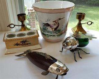 Italian silver plate and green glass bee and other vintage items