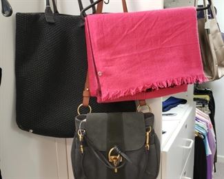 Bottega black handbag, Chloe green handbag and a LuLuLemon scarf