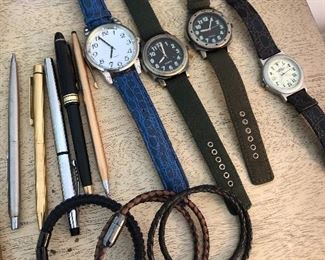 Watches, Pens, Leather bracelets