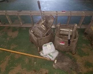 2 Metal Mop Buckets and Ringer, Mop, and 3 Brand New Heads