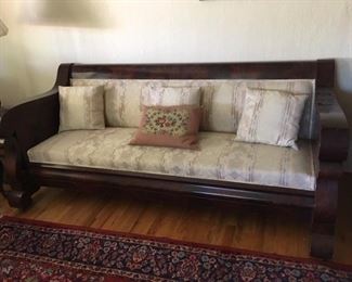 antique church pew couch original wood, reupolstered