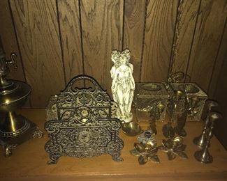 Brass items. Candle sticks. Napkin holder and more