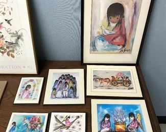 Selection of framed Ettore "Ted" DeGrazia prints.